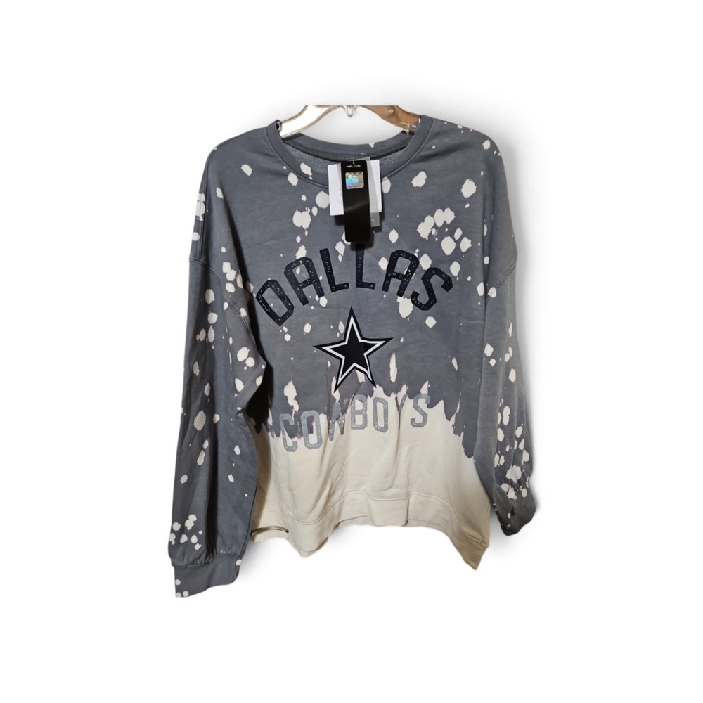 NFL Dallas Cowboys Bleached Dip Dye Sweatshirt Grey Cream Pullover NWT 0460